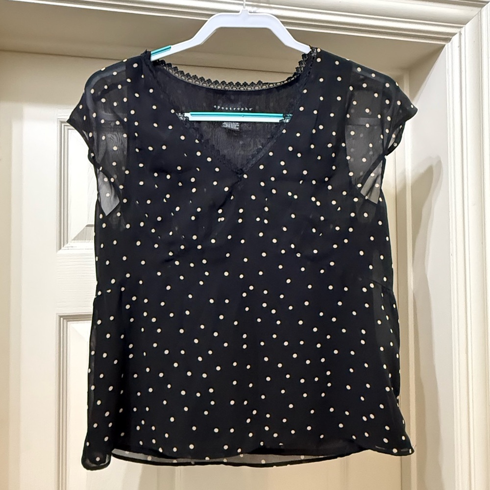 Apostrophe Black With Tan Polka Dots Lace-Trimmed Blouse